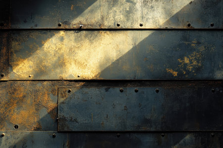 A close-up photograph of a weathered metal surface with visible rust, sunbeams, and a textured pattern.の素材
