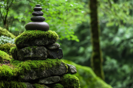A stack of balanced stones on moss-covered rocks in a serene forest setting.の素材