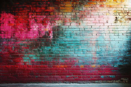 A textured brick wall painted with shades of red, pink, blue, green and teal, with a concrete floor in the foreground.の素材