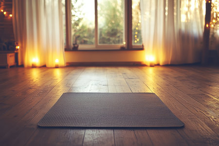 A yoga mat laid out on a wooden floor in a room with a window letting in natural light.の素材