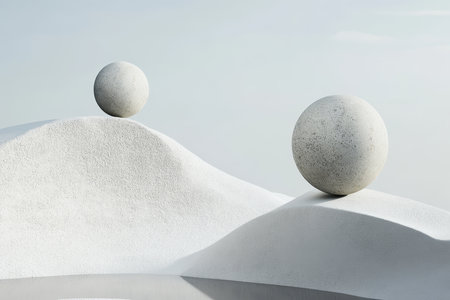Two grey spheres resting on white, curved surfaces, creating a minimal and abstract composition.の素材