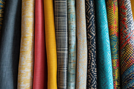 A close-up of a row of rolled fabric samples with various colorful patterns and textures.の素材