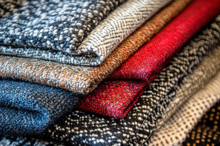 A close-up of a stack of different colorful fabrics, each with a distinct texture and pattern.の素材