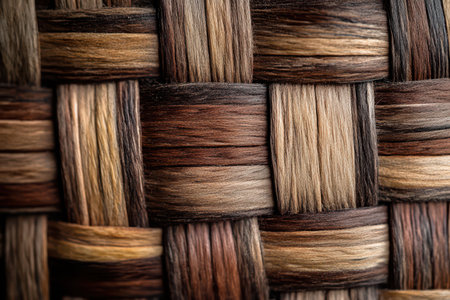A close-up image showcasing the intricate pattern of a woven rattan surface with brown and tan hues.の素材