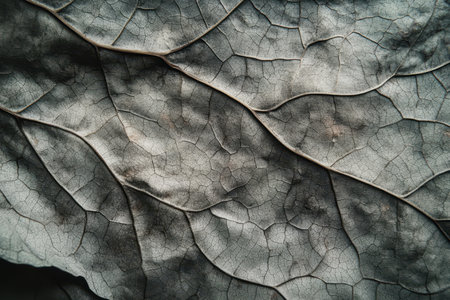 A detailed close-up image capturing the intricate network of veins and cracks on a dry leaf.の素材