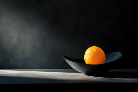 A single orange rests in a black bowl on a gray surface, illuminated by soft light.の素材