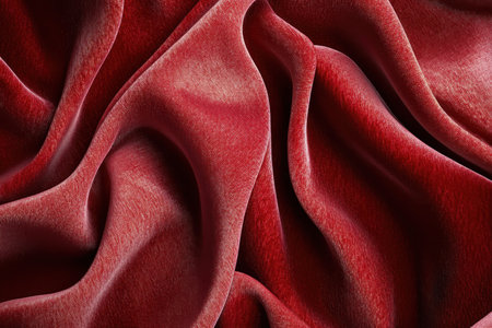 A close-up photograph capturing the intricate texture and dramatic drapes of red velvet fabric.の素材