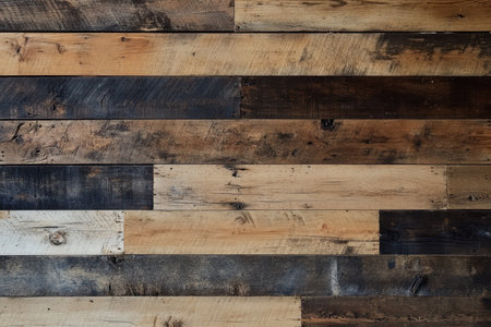 A close-up of a wall made of weathered wooden planks, showcasing a rustic and textured surface with various shades of brown.の素材