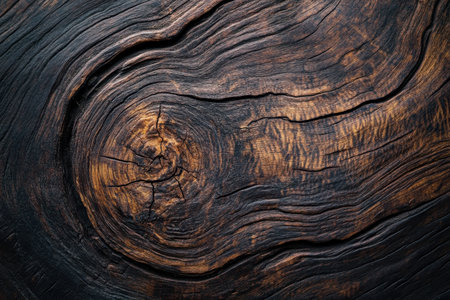 A close-up image of dark brown wood grain with a prominent knot and growth rings.の素材