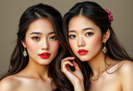 Two young Asian women with flawless makeup, striking eyes, and red lips are wearing elegant jewelry and posing for a close-up portrait.の素材