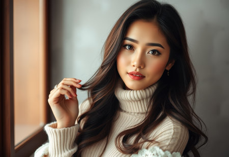 A close-up portrait of a young woman with long brown hair wearing a cream turtleneck sweater.の素材