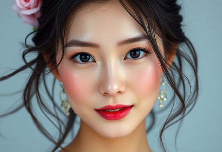 A close-up portrait of a woman with pink blush and a rose in her hair, showcasing her delicate features and soft beauty.の素材