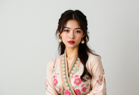 A young Asian woman in a floral dress and gold earrings looks directly at the camera in a portrait.の素材