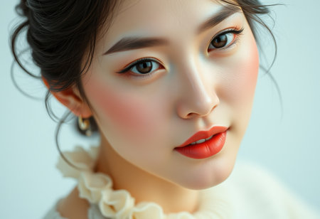 A close-up portrait of a young woman with red lipstick and blushed cheeks, capturing a delicate and alluring expression.の素材