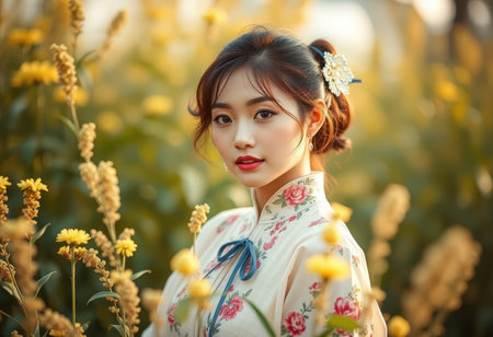 A young woman with dark hair and makeup in a white floral dress stands in a field of yellow flowers.の素材