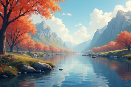 A serene river flows through an autumnal valley, framed by majestic mountains under a blue sky dotted with clouds.の素材