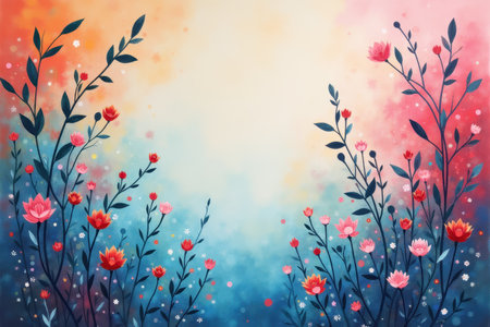 A watercolor painting depicting a vibrant garden scene with red and pink flowers, leaves, and a light blue background.の素材