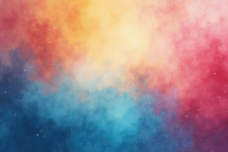 An abstract watercolor background with a mix of pastel blue, pink, yellow, and orange hues, featuring a glittery texture that creates a dreamy and ethereal atmosphere.の素材
