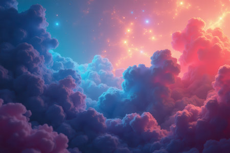 An abstract depiction of a sky filled with fluffy clouds illuminated by glowing stars, creating a surreal and dreamy atmosphere.の素材