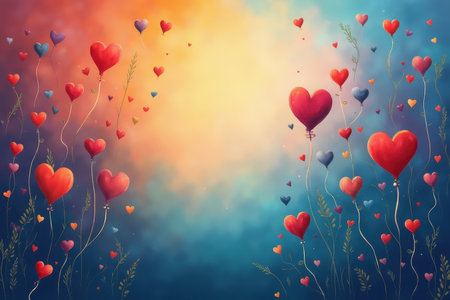 This digital painting depicts a whimsical scene of heart-shaped balloons floating in a soft, romantic sky.の素材