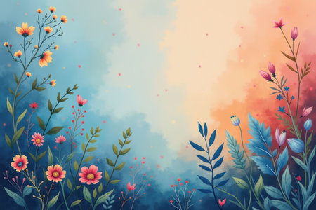 A digital painting depicting a colorful floral arrangement against a blue and orange gradient background.の素材