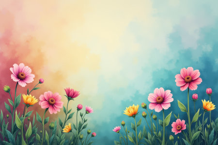 A watercolor illustration of pink and yellow flowers against a colorful sky, creating a soft and romantic aesthetic.の素材