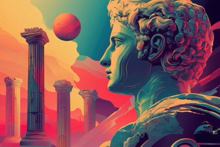 This surreal digital artwork showcases a classical sculpture in profile against a vibrant backdrop of pillars and a planet.の素材