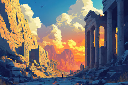 A scenic depiction of ancient ruins amidst a dramatic sunset, with a solitary figure walking towards them.の素材