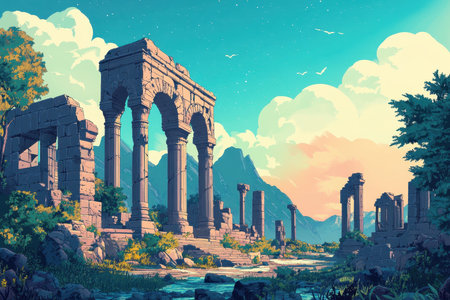 A digital painting depicting ancient ruins nestled amidst mountains, overgrown with vegetation and surrounded by a flowing river under a blue sky with clouds and stars.の素材