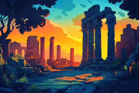 An artistic depiction of ancient ruins with a stone path leading to a partially collapsed temple during a vivid sunset.の素材