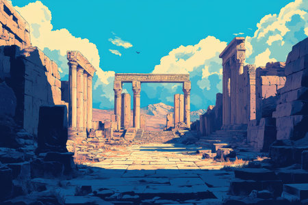 The image shows a detailed illustration of the ruins of an ancient stone archway, with a blue sky and fluffy clouds.の素材