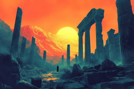 A solitary figure stands in a field of ancient ruins against a backdrop of a sunset and mountain range.の素材