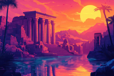 A digitally-painted illustration depicting the ruins of an ancient temple by a lake at sunset, with palm trees and mountains in the background.の素材