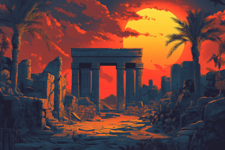 A digital illustration depicting ancient ruins with palm trees in a desert landscape under a large, glowing sun.の素材