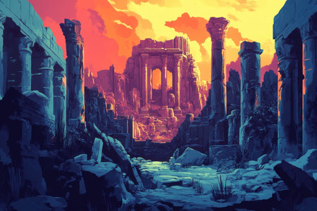 A digital painting depicting the ruins of an ancient temple at sunset, with crumbling columns and overgrown vegetation.の素材