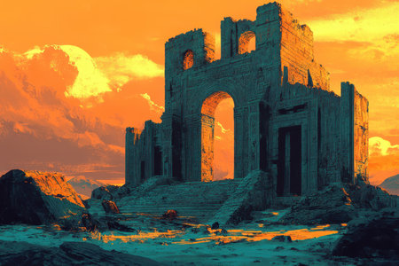 A depiction of ancient stone ruins with an archway, standing against a vibrant orange sunset sky.の素材
