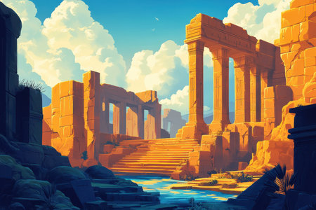 A painting depicting the ruins of a large stone temple with steps leading down to a winding river. The sky is blue with white clouds.の素材