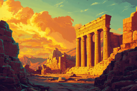 The image depicts the remnants of an ancient temple, with columns standing tall against a dramatic sunset sky.  The ruins are surrounded by a desolate landscape, suggesting a lost civilization.の素材