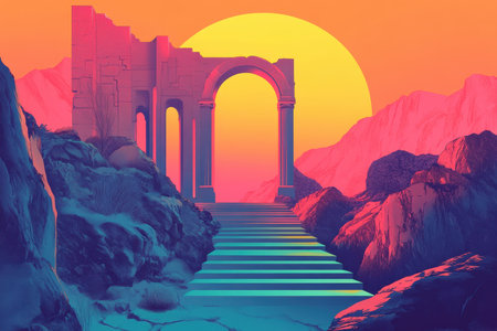 A digital illustration of a ruined archway with steps leading towards a glowing sunset in a vibrant and colorful landscape.の素材