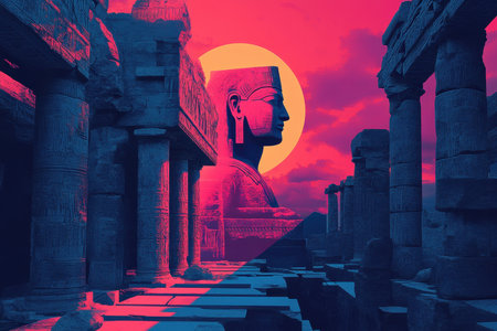 A vibrant, stylized depiction of ancient Egyptian temple ruins at sunset, featuring a giant statue head and a sunlit sky.の素材