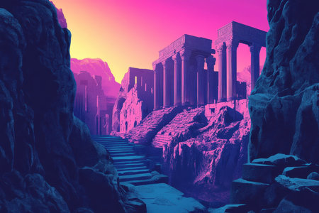 The image depicts a faded and weathered ancient ruin, possibly a temple, with a dramatic pink and blue sunset sky. The scene is suggestive of a lost or forgotten civilization.の素材