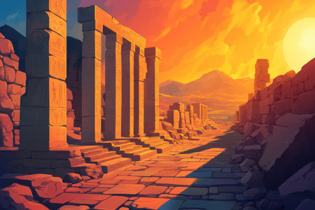 A scenic depiction of ancient temple ruins bathed in the warm glow of a setting sun, featuring carved pillars and a path leading towards the horizon.の素材
