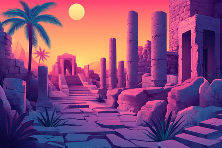 A digitally rendered image of ancient ruins illuminated by a setting sun. The scene depicts stone pillars, a pathway leading to a temple entrance, and palm trees against a vibrant gradient sky.の素材