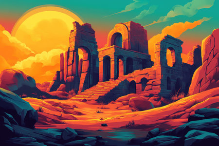 The image depicts the ruins of an ancient temple set against a vibrant desert landscape, bathed in the warm hues of a setting sun.の素材