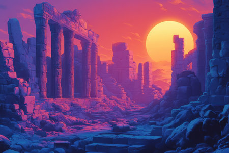 A digital painting depicting the crumbling ruins of an ancient temple bathed in the warm glow of a setting sun.の素材