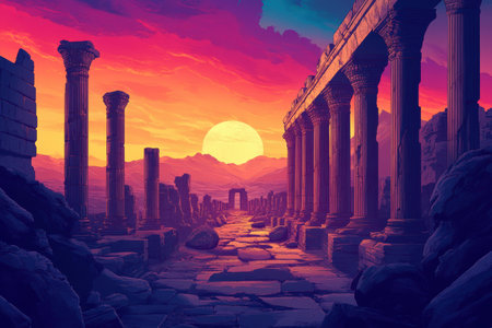 A scenic view of ancient temple ruins with columns, a pathway, and a dramatic sunset sky.の素材