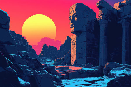 The image depicts ancient ruins in a desert landscape with a vibrant sunset in the background.  The ruins feature stone pillars, carvings, and a large head statue.の素材