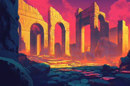 A digital illustration depicting the remnants of a ruined ancient temple set against a vibrant, surreal landscape.の素材