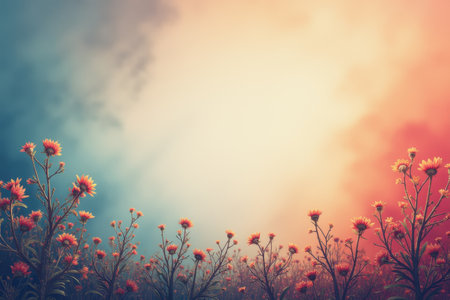 A photo of orange wildflowers in a field, with a blurred sunset background.  The flowers are soft and delicate, creating a dreamy aesthetic.の素材