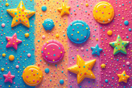 A colorful and whimsical background with glossy stars and circles.の素材